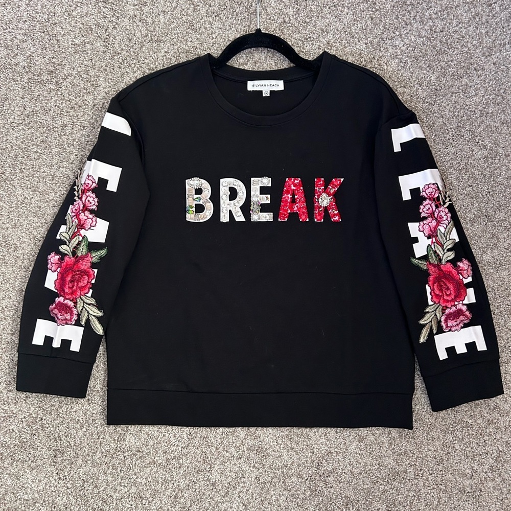 NWOT Rare Silvian Heach “Break” “Leave” Fully Embellished sweatshirt. Designer.